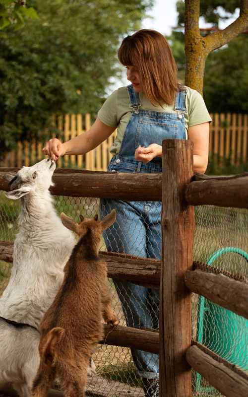 Full shot woman living farmhouse