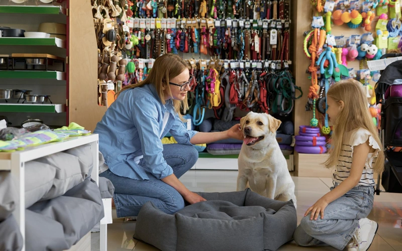 Mother daughter choosing bed place dog pet shop